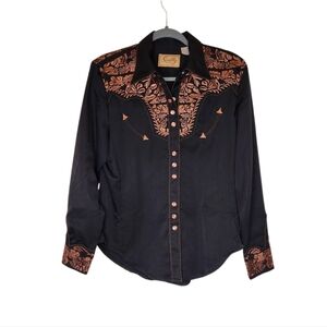 Scully Vintage Western Shirt Pearl Snap Buttons Embroidered Black Size M